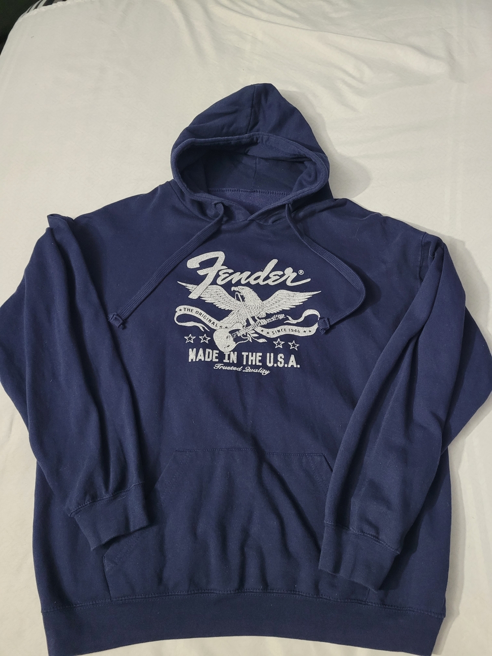 Fender Guitar Navy Blue Pullover Hoodie with White Eagle Logo